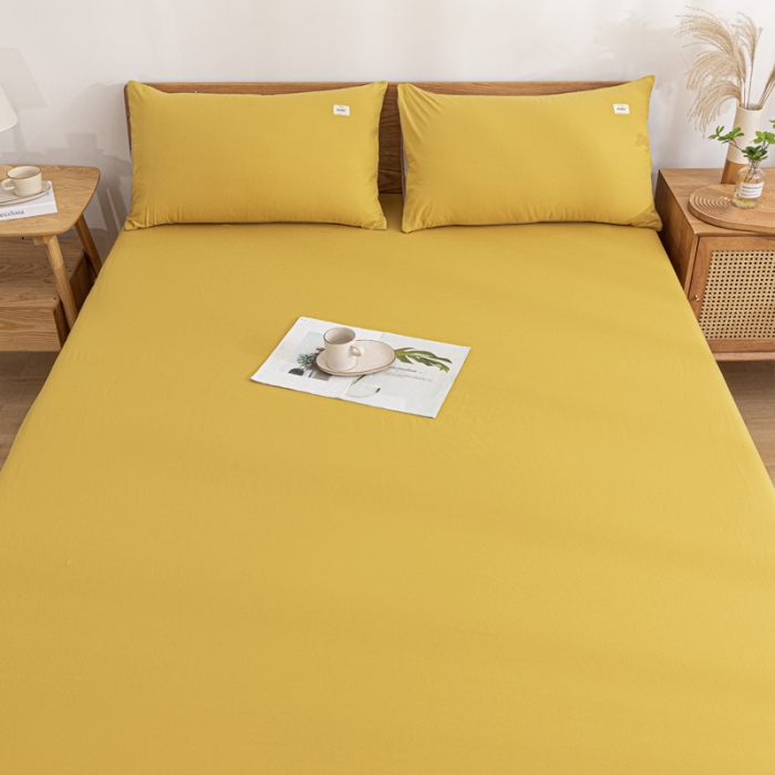 91家纺网 家纺一手货源 找家纺 蓝巢 2022新款全棉色织水洗棉单床笠 杏黄