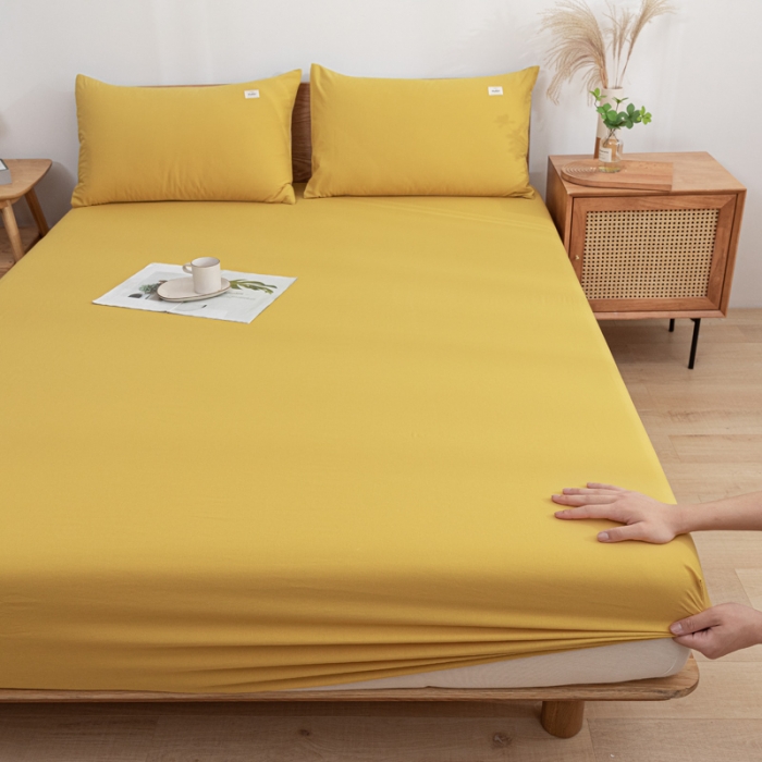 91家纺网 家纺一手货源 找家纺 蓝巢 2022新款全棉色织水洗棉单床笠 杏黄