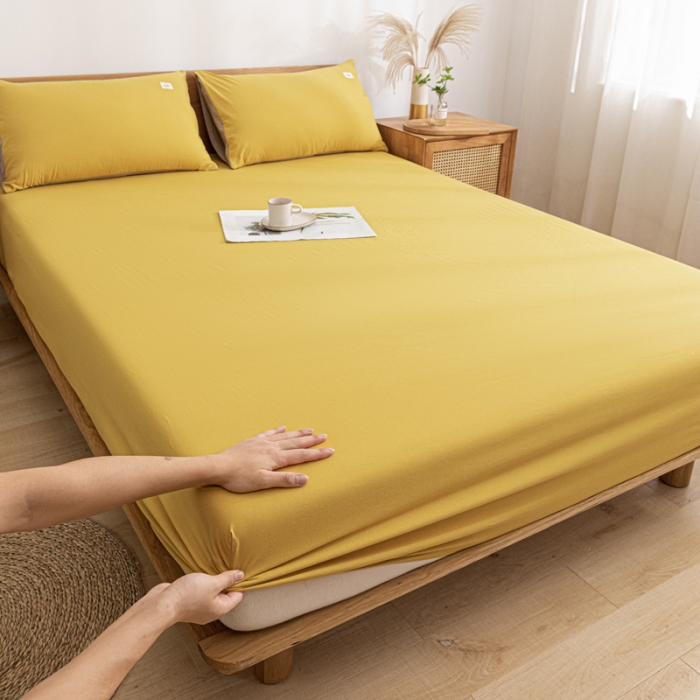 91家纺网 家纺一手货源 找家纺 蓝巢 2022新款全棉色织水洗棉单床笠 杏黄