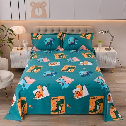 91家纺网 家纺一手货源 找家纺 润淳家居 2025新款全棉老粗布床单三件套 恐龙世纪-蓝