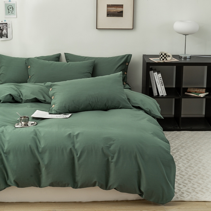 91家纺网 家纺一手货源 找家纺 简宜家居 2022新款纯色水洗棉纽扣款四件套 慕晴-墨绿