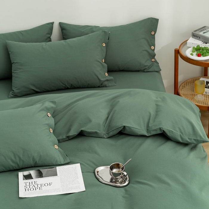 91家纺网 家纺一手货源 找家纺 简宜家居 2022新款纯色水洗棉纽扣款四件套 慕晴-墨绿