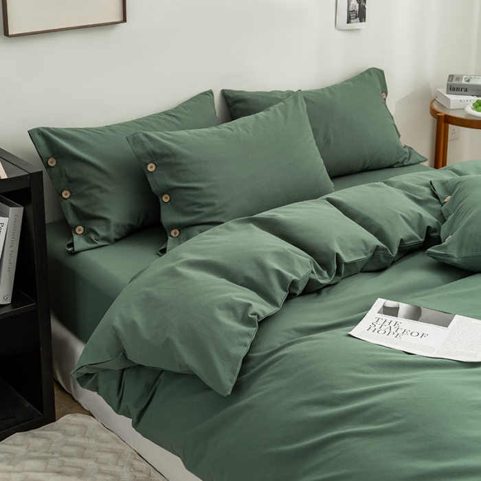 91家纺网 家纺一手货源 找家纺 简宜家居 2022新款纯色水洗棉纽扣款四件套 慕晴-墨绿