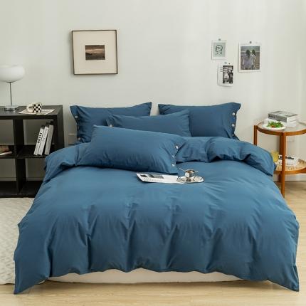 91家纺网 家纺一手货源 找家纺 简宜家居 2022新款纯色水洗棉纽扣款四件套 慕晴-深蓝