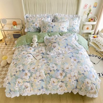 卡普 直播供货全棉韩版荷叶花边四件套三件套学生床笠款茶艺