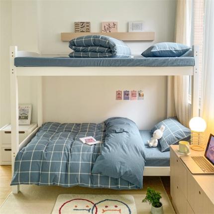 91家纺网 家纺一手货源 找家纺 蓝巢 2022新款全棉水洗棉学生季套件 蓝灰大格