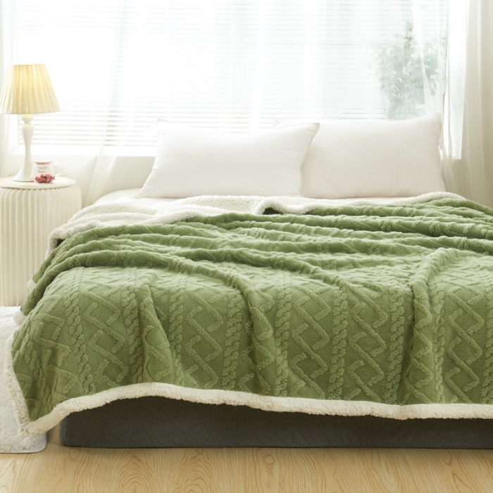 91家纺网 家纺一手货源 找家纺 馨米莱 2024新款AB版塔肤绒毛毯 茶绿色