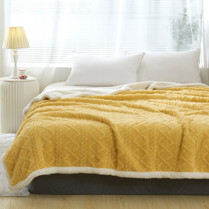 91家纺网 家纺一手货源 找家纺 馨米莱 2024新款AB版塔肤绒毛毯 姜黄色