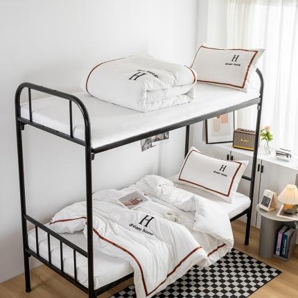 91家纺网 家纺一手货源 找家纺 千希家纺 2022新款学生季上下铺H款宿舍三件套轻奢水洗磨毛四件套 H款月光白