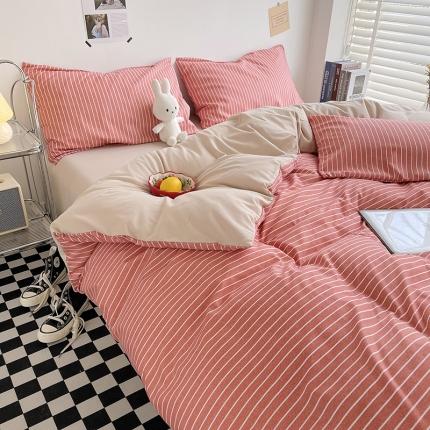 91家纺网 家纺一手货源 找家纺 曼璐2025新款105克加厚水洗棉日式无印风格子被套枕套-条格豆沙条