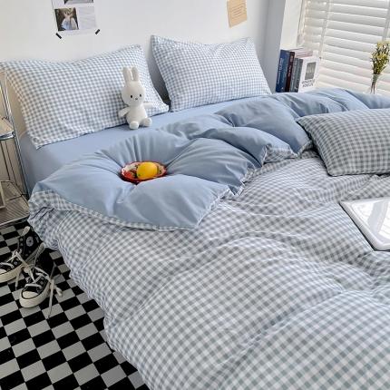 91家纺网 家纺一手货源 找家纺 曼璐2025新款105克加厚水洗棉日式无印风格子被套枕套-条格蓝小格