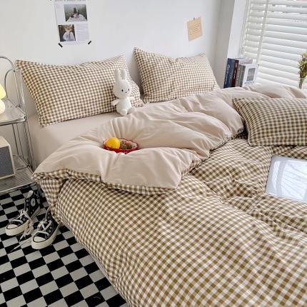 91家纺网 家纺一手货源 找家纺 曼璐2025新款105克加厚水洗棉日式无印风格子被套枕套-条格米小格