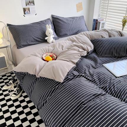 91家纺网 家纺一手货源 找家纺 曼璐2025新款105克加厚水洗棉日式无印风格子被套枕套-条格黑白条