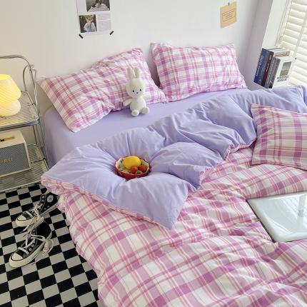 91家纺网 家纺一手货源 找家纺 曼璐2025新款105克加厚水洗棉日式无印风格子被套枕套-条格葡萄格