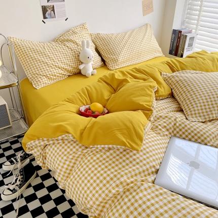 91家纺网 家纺一手货源 找家纺 曼璐2025新款105克加厚水洗棉日式无印风格子被套枕套-条格黄小格