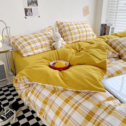 91家纺网 家纺一手货源 找家纺 曼璐2025新款105克加厚水洗棉日式无印风格子被套枕套-条格芒果格