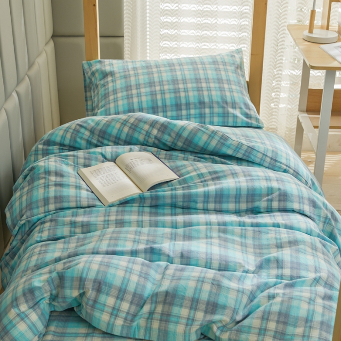 91家纺网 家纺一手货源 找家纺 柠萌家居 A类全棉色织水洗棉三件套学生季宿舍上下铺 简爱绿格