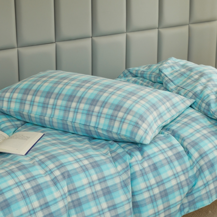 91家纺网 家纺一手货源 找家纺 柠萌家居 A类全棉色织水洗棉三件套学生季宿舍上下铺 简爱绿格