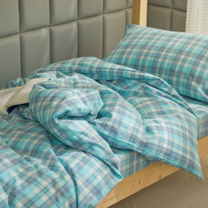 91家纺网 家纺一手货源 找家纺 柠萌家居 A类全棉色织水洗棉三件套学生季宿舍上下铺 简爱绿格