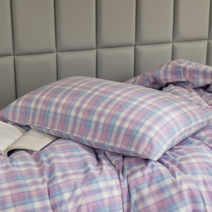 91家纺网 家纺一手货源 找家纺 柠萌家居 A类全棉色织水洗棉三件套学生季宿舍上下铺 简爱紫格