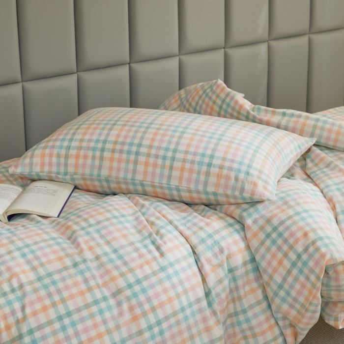 91家纺网 家纺一手货源 找家纺 柠萌家居 A类全棉色织水洗棉三件套学生季宿舍上下铺 小彩格