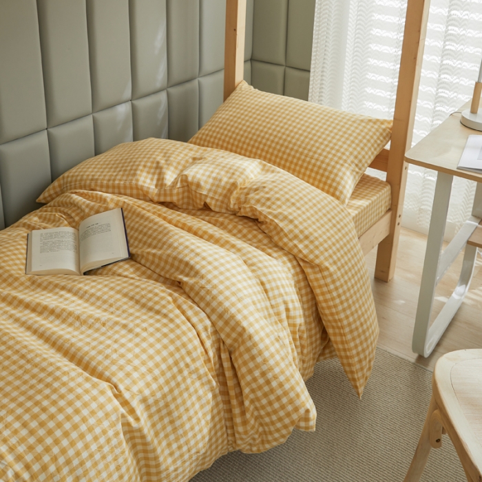 91家纺网 家纺一手货源 找家纺 柠萌家居 新款A类全棉色织水洗棉三件套学生季宿舍上下铺小黄格
