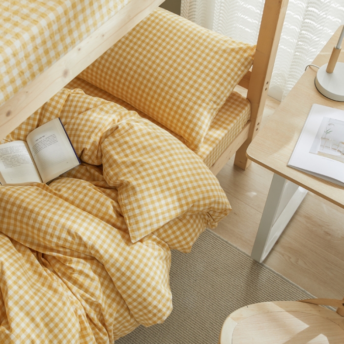 91家纺网 家纺一手货源 找家纺 柠萌家居 新款A类全棉色织水洗棉三件套学生季宿舍上下铺小黄格