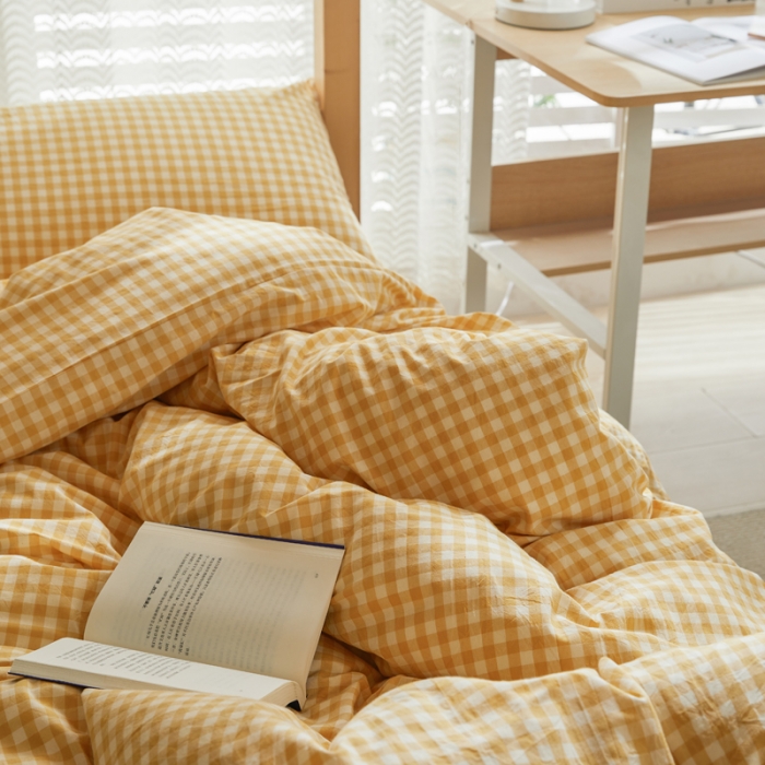 91家纺网 家纺一手货源 找家纺 柠萌家居 新款A类全棉色织水洗棉三件套学生季宿舍上下铺小黄格