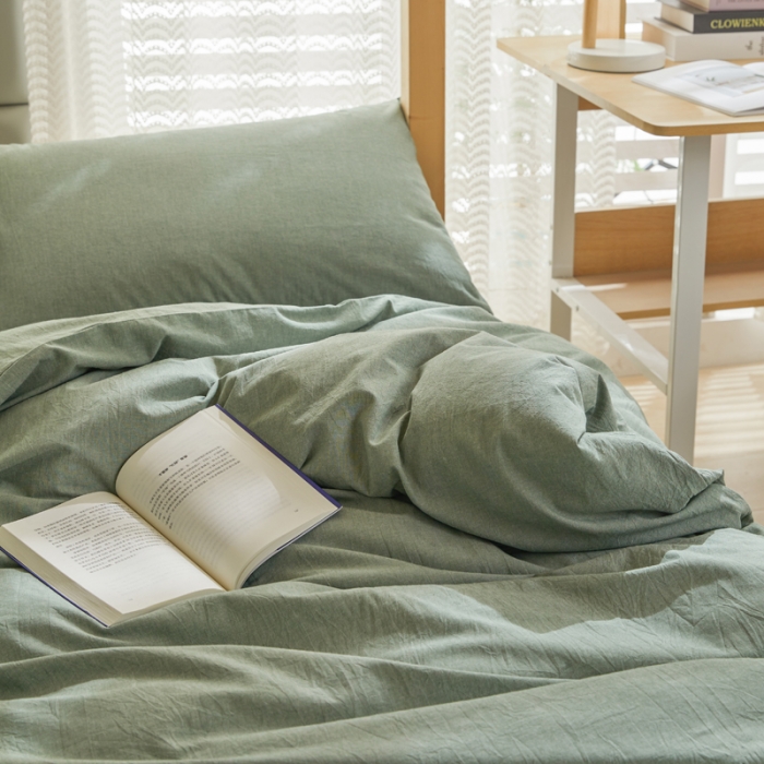 91家纺网 家纺一手货源 找家纺 柠萌家居 A类全棉色织水洗棉三件套学生季宿舍上下铺 一抹绿