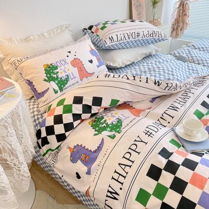 91家纺网 家纺一手货源 找家纺 麦伦 2022新款13372全棉儿童卡通系列四件套 棋盘恐龙