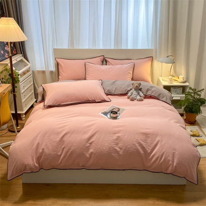 91家纺网 家纺一手货源 找家纺 眠帛家居 2022新款水洗棉贝壳绣边四件套 豆沙-灰