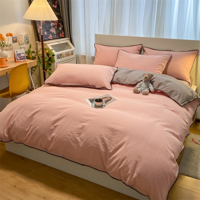 91家纺网 家纺一手货源 找家纺 眠帛家居 2022新款水洗棉贝壳绣边四件套 豆沙-灰