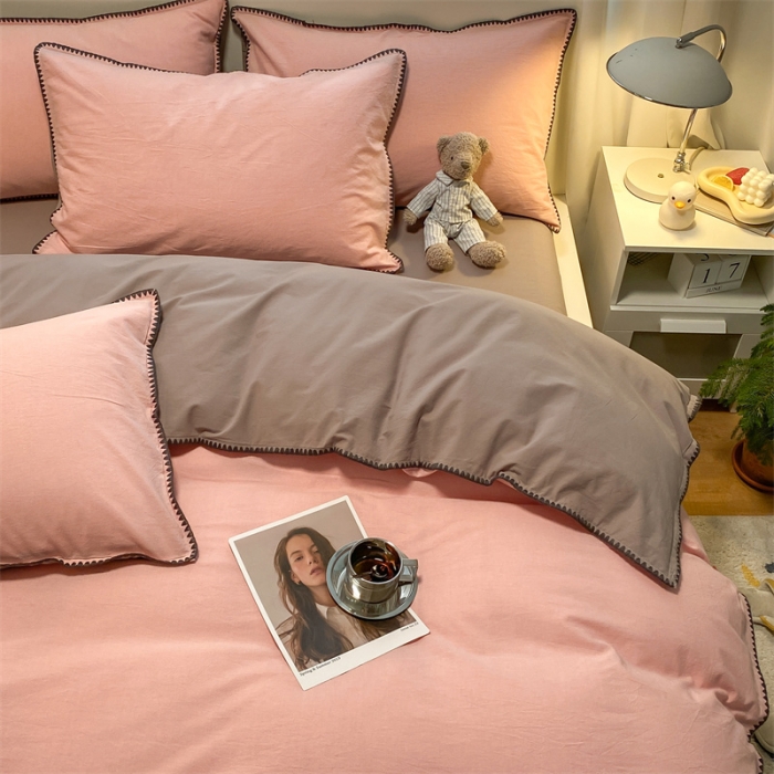 91家纺网 家纺一手货源 找家纺 眠帛家居 2022新款水洗棉贝壳绣边四件套 豆沙-灰