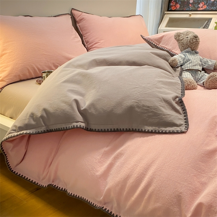 91家纺网 家纺一手货源 找家纺 眠帛家居 2022新款水洗棉贝壳绣边四件套 豆沙-灰