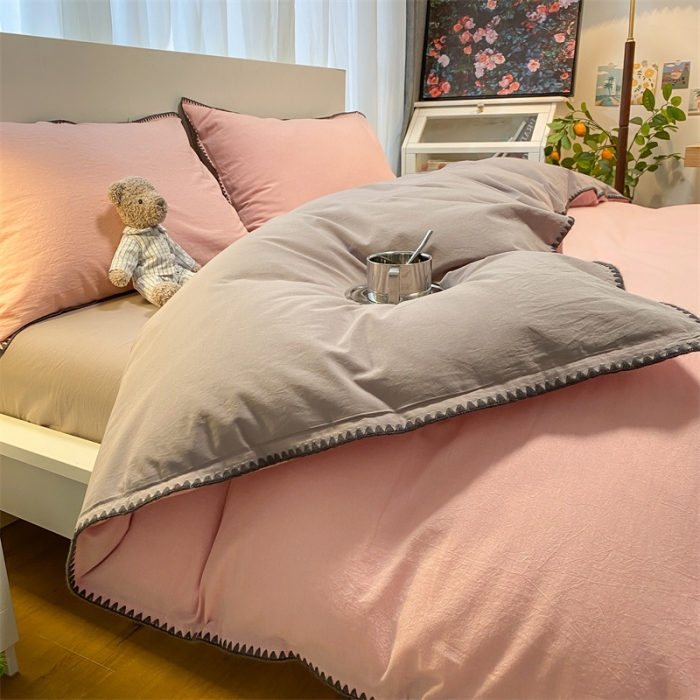 91家纺网 家纺一手货源 找家纺 眠帛家居 2022新款水洗棉贝壳绣边四件套 豆沙-灰