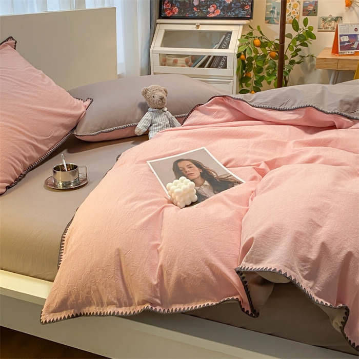 91家纺网 家纺一手货源 找家纺 眠帛家居 2022新款水洗棉贝壳绣边四件套 豆沙-灰