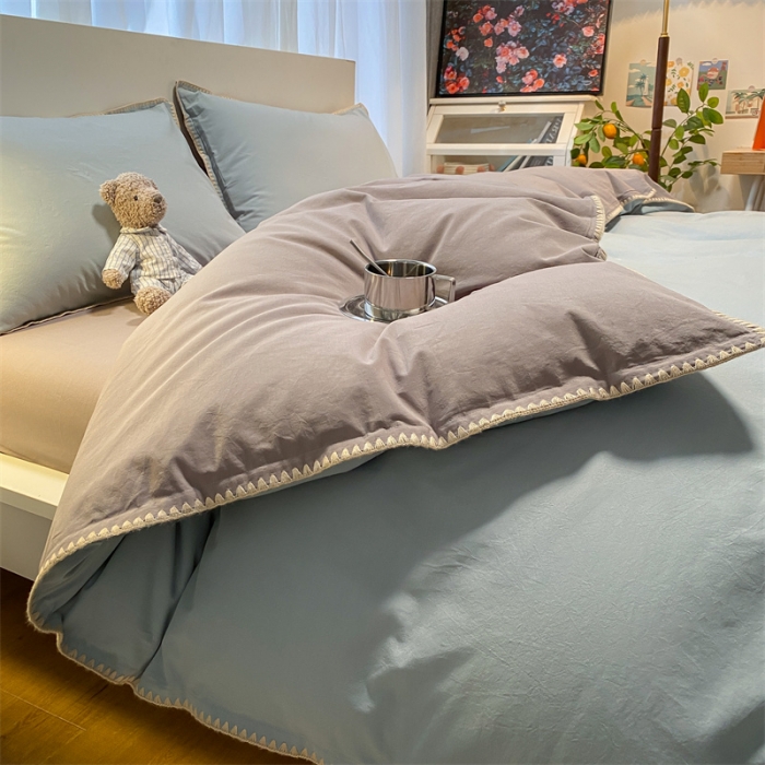 91家纺网 家纺一手货源 找家纺 眠帛家居 2022新款水洗棉贝壳绣边四件套 繁星蓝-灰