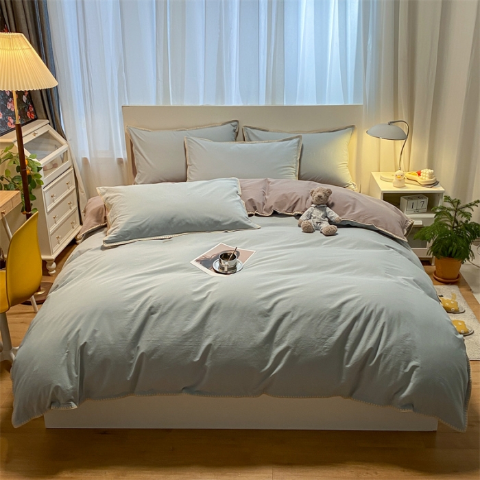 91家纺网 家纺一手货源 找家纺 眠帛家居 2022新款水洗棉贝壳绣边四件套 繁星蓝-灰