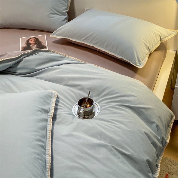 91家纺网 家纺一手货源 找家纺 眠帛家居 2022新款水洗棉贝壳绣边四件套 繁星蓝-灰