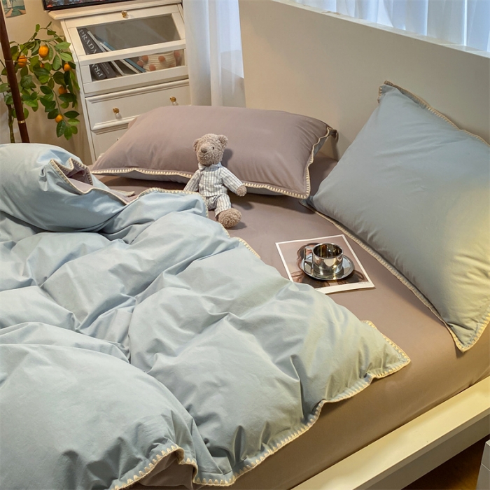 91家纺网 家纺一手货源 找家纺 眠帛家居 2022新款水洗棉贝壳绣边四件套 繁星蓝-灰