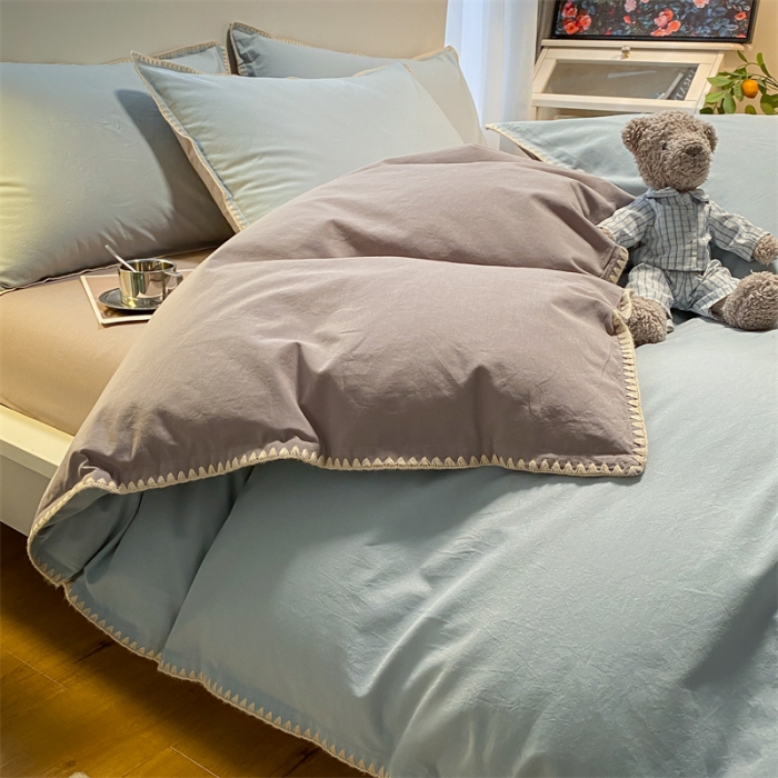 91家纺网 家纺一手货源 找家纺 眠帛家居 2022新款水洗棉贝壳绣边四件套 繁星蓝-灰