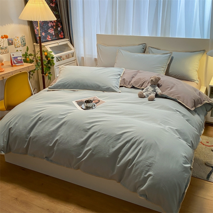 91家纺网 家纺一手货源 找家纺 眠帛家居 2022新款水洗棉贝壳绣边四件套 繁星蓝-灰