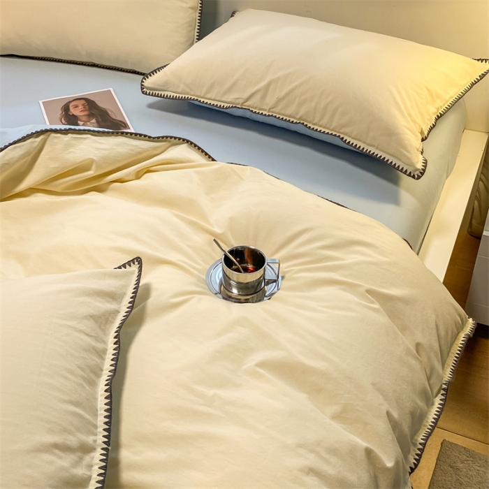 91家纺网 家纺一手货源 找家纺 眠帛家居 2022新款水洗棉贝壳绣边四件套 奶黄-天空蓝