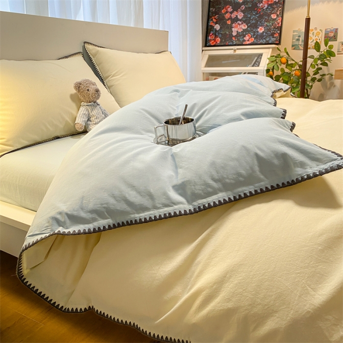 91家纺网 家纺一手货源 找家纺 眠帛家居 2022新款水洗棉贝壳绣边四件套 奶黄-天空蓝