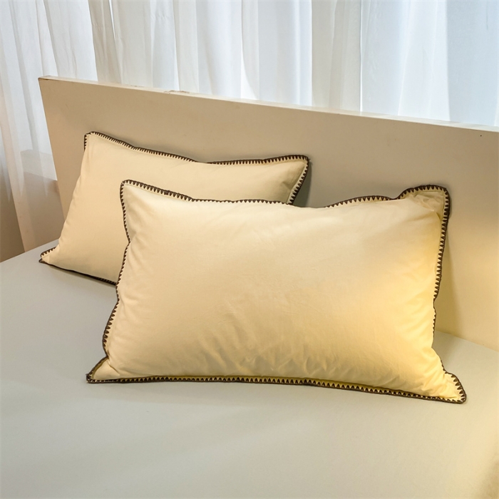 91家纺网 家纺一手货源 找家纺 眠帛家居 2022新款水洗棉贝壳绣边四件套 奶黄-天空蓝