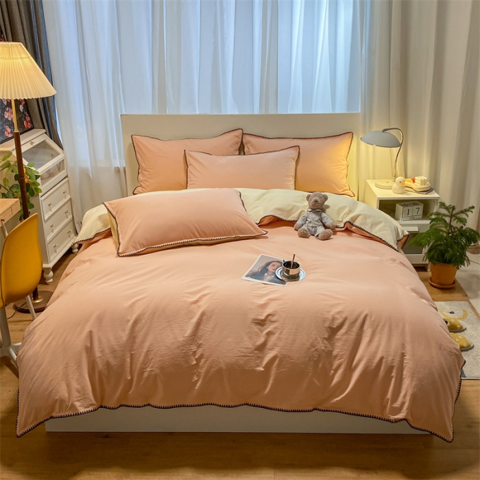 91家纺网 家纺一手货源 找家纺 眠帛家居 2022新款水洗棉贝壳绣边四件套 奶油粉-奶黄