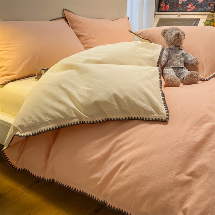 91家纺网 家纺一手货源 找家纺 眠帛家居 2022新款水洗棉贝壳绣边四件套 奶油粉-奶黄