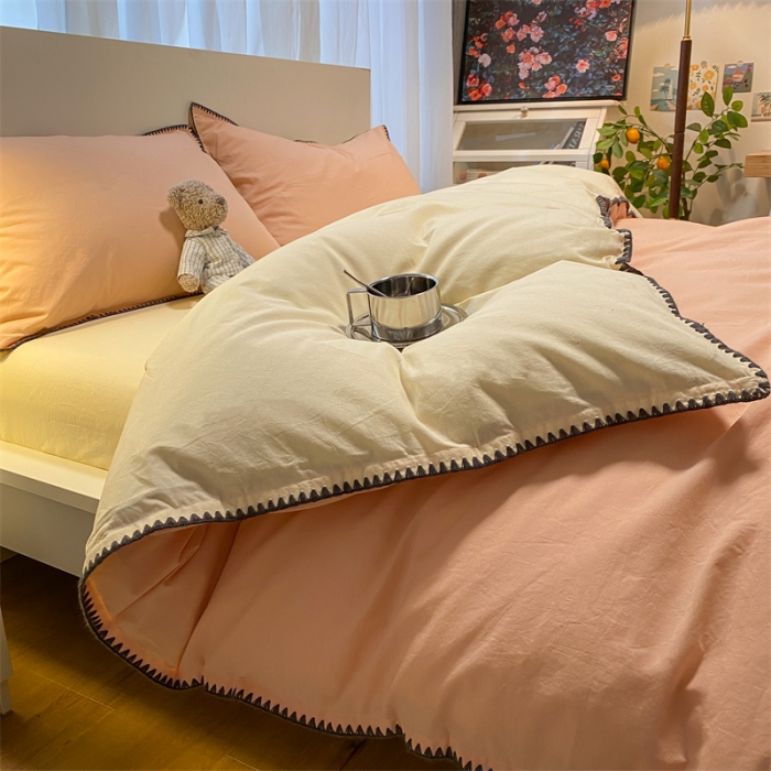91家纺网 家纺一手货源 找家纺 眠帛家居 2022新款水洗棉贝壳绣边四件套 奶油粉-奶黄