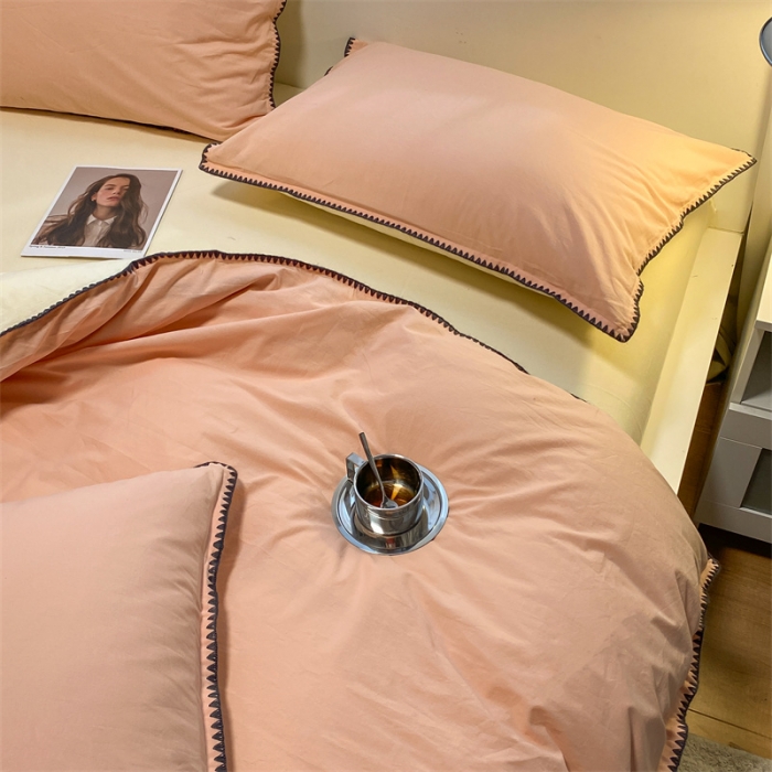 91家纺网 家纺一手货源 找家纺 眠帛家居 2022新款水洗棉贝壳绣边四件套 奶油粉-奶黄