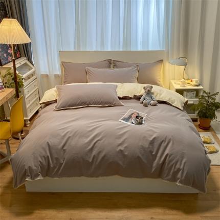 眠帛家居 2022新款水洗棉贝壳绣边四件套 浅灰-奶黄